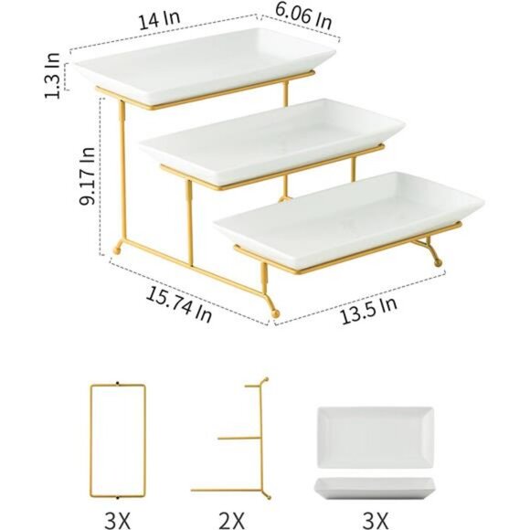 3 Tier Serving Stand with Porcelain Serving Platter Tray -Collapsible Gold Stand - Picture 2 of 7